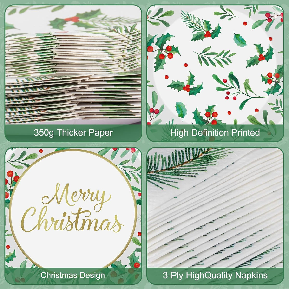150 Pcs Merry Christmas Plates and Napkins - Disposable Christmas Paper Plates and Napkins, Holly Leaves Red Berries Tableware Sets for Winter Xmas Party Table Decorations Supplies Favors, Serve 50