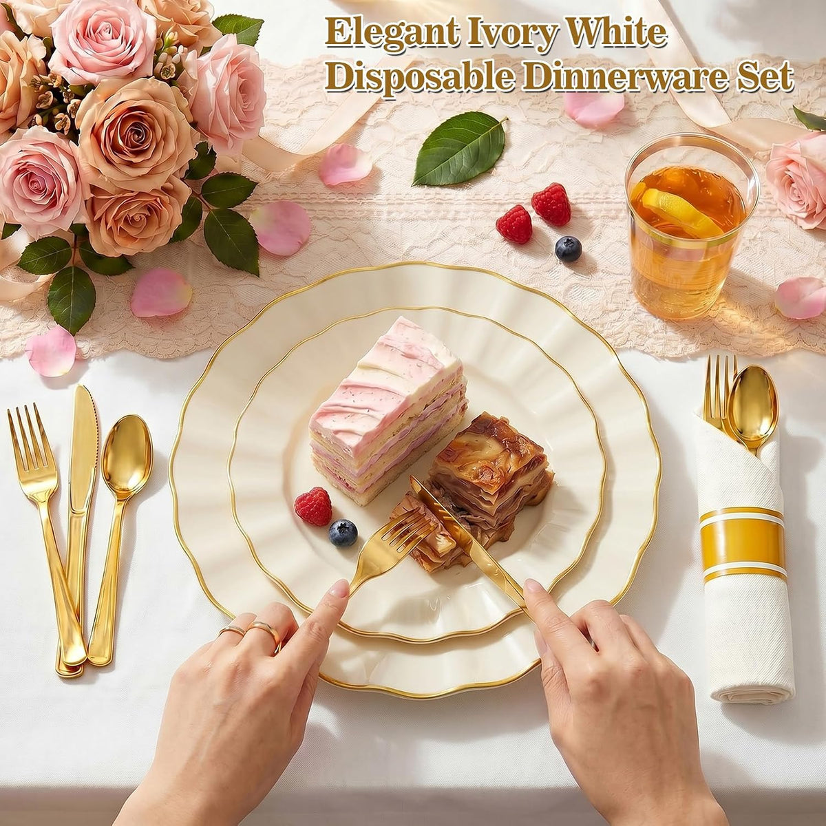 Glowserve Scalloped Plastic Plates Dinnerware Set 175 PCS for 25 Guests