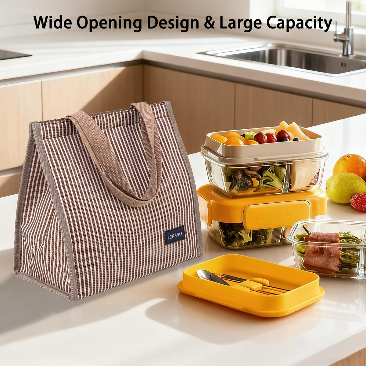 Insulated Lunch Bag for Work, 10.2"x5.9"x10.2" Oxford Waterproof Lunch Tote, Thermal Lunch Box for Office, Picnic & Outdoor, Pink and White Striped Canvas Tote Bag