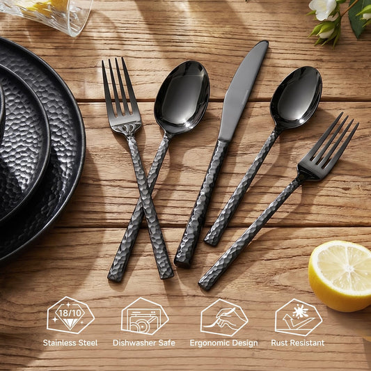 20 Piece Black Silverware Set,18/10 Stainless Steel Hammered Flatware for 4