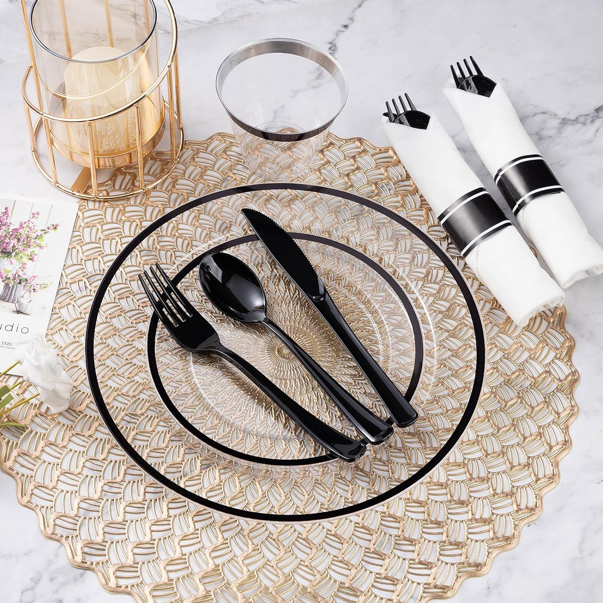 Goodluck 350 Pcs Clear Plastic Plates with Black Rim, Plastic Dinnerware