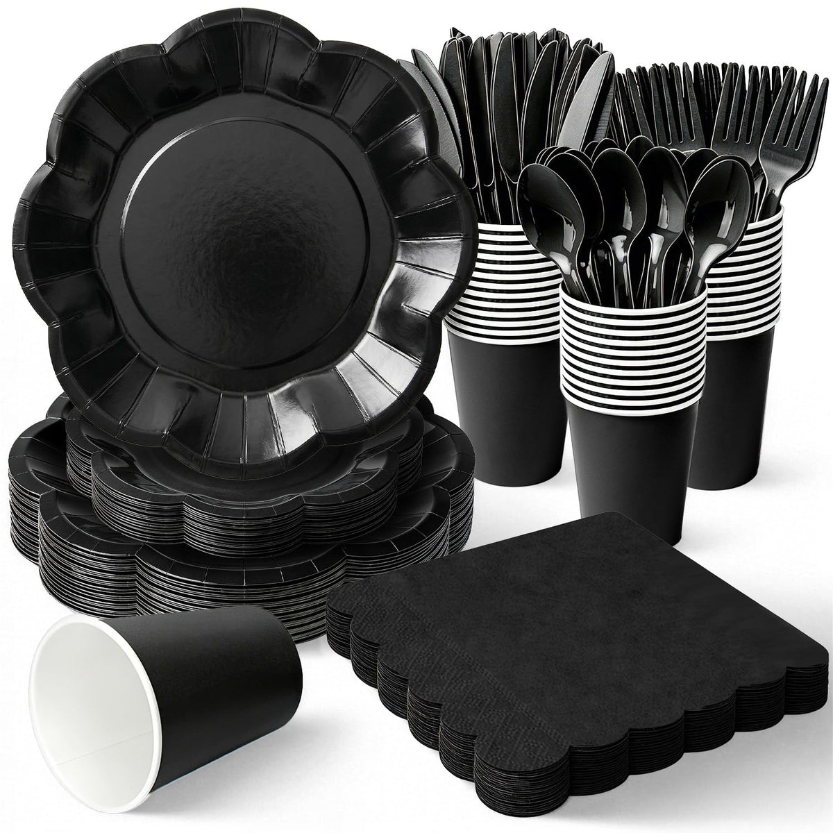 Vyntra Ivory Paper Plates, Cups & Napkins, 350 Pcs Scalloped Party Set