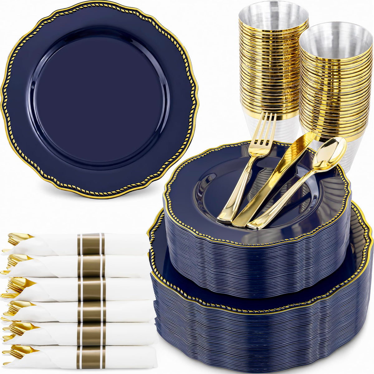 Hioasis 175 Pcs Black and Gold Plastic Plates Wedding & Party