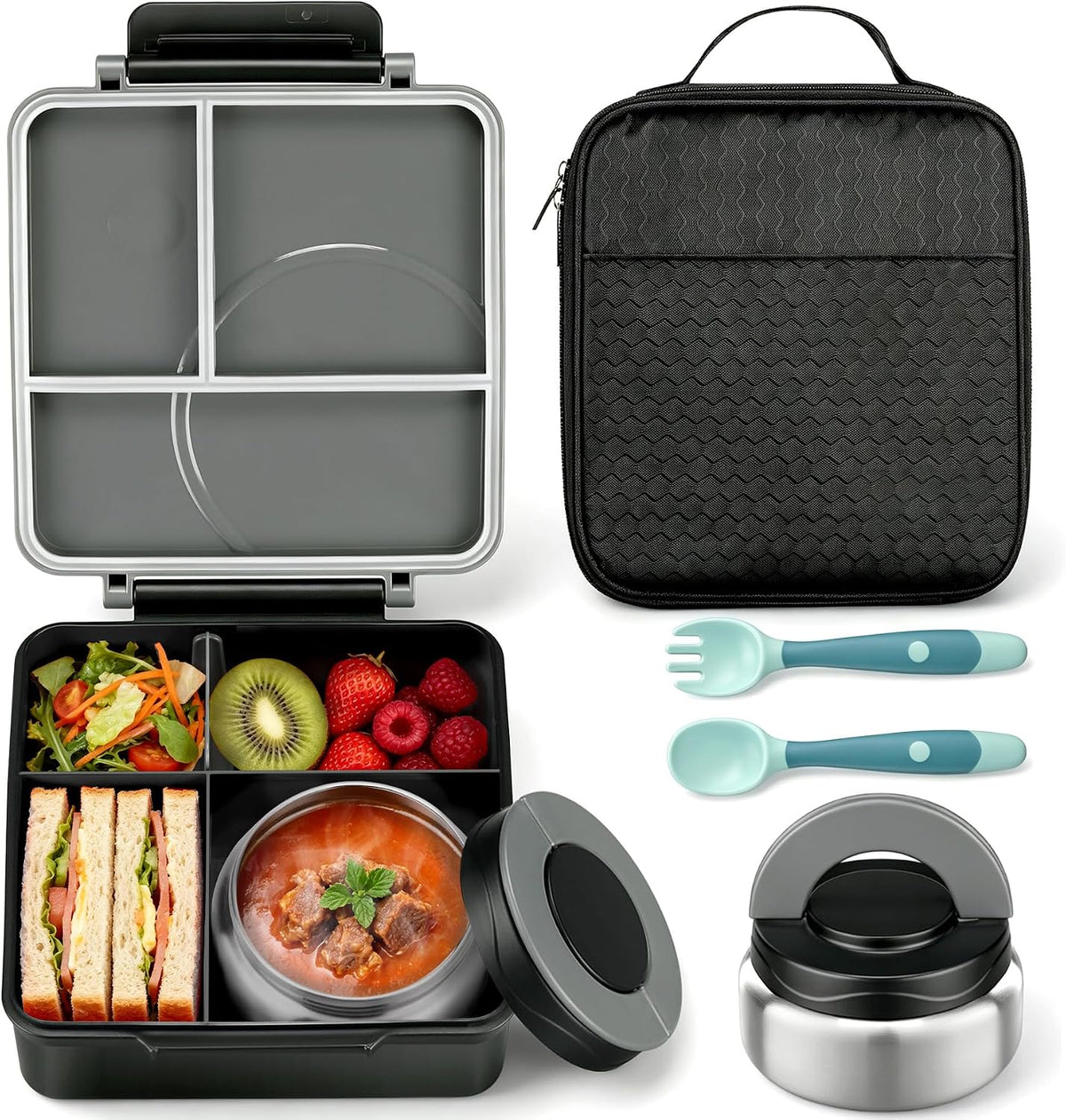 Itslife Bento Lunch Box for Kids with 8oz Soup Thermo&Lunch Bag, Leak-Proof Lunch Food Containers with 4 Compartment, Hot Food Insulated Food Jar for Kids School (Black)
