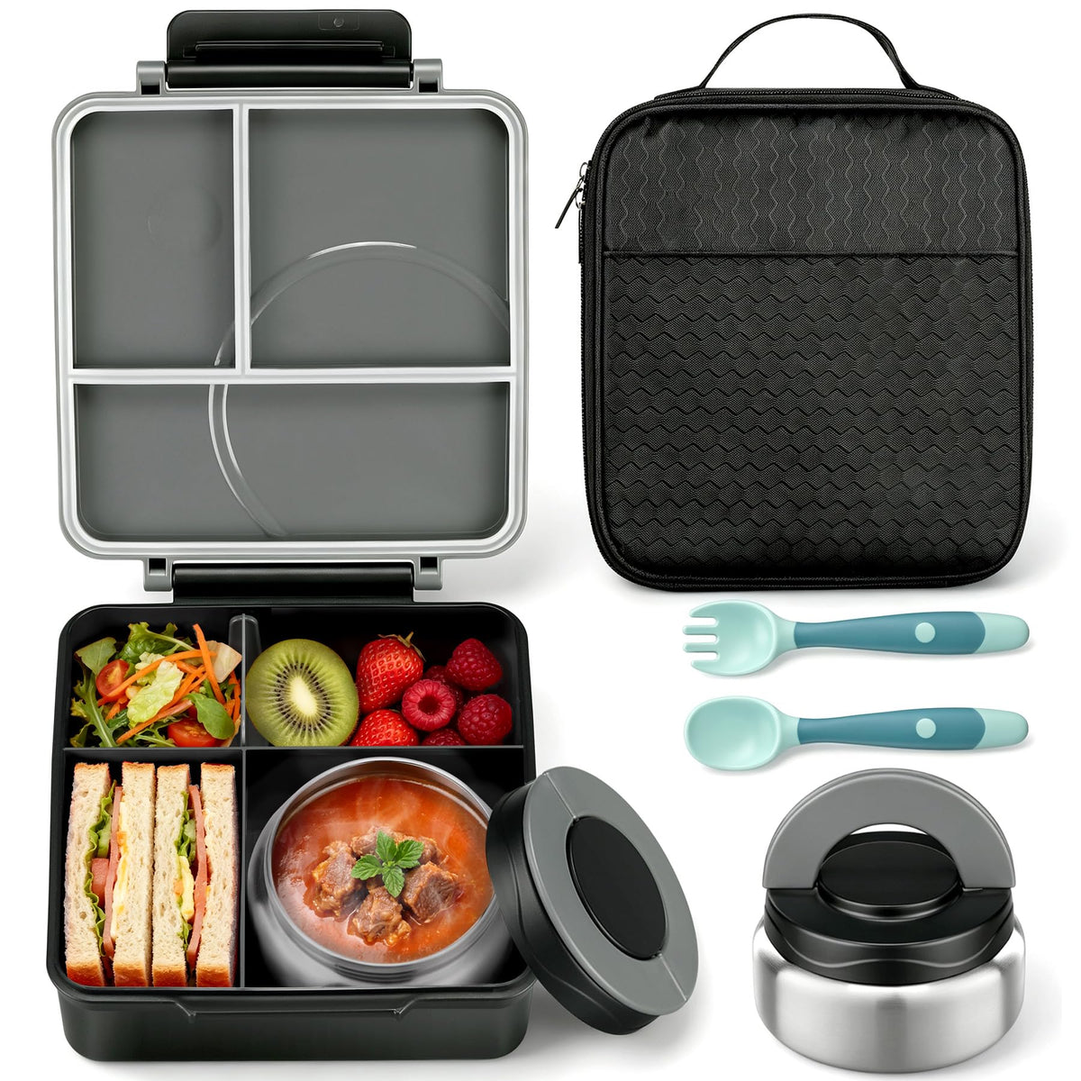Itslife Bento Lunch Box for Kids with 8oz Soup Thermo&Lunch Bag, Leak-Proof Lunch Food Containers with 4 Compartment, Hot Food Insulated Food Jar for Kids School (Black)