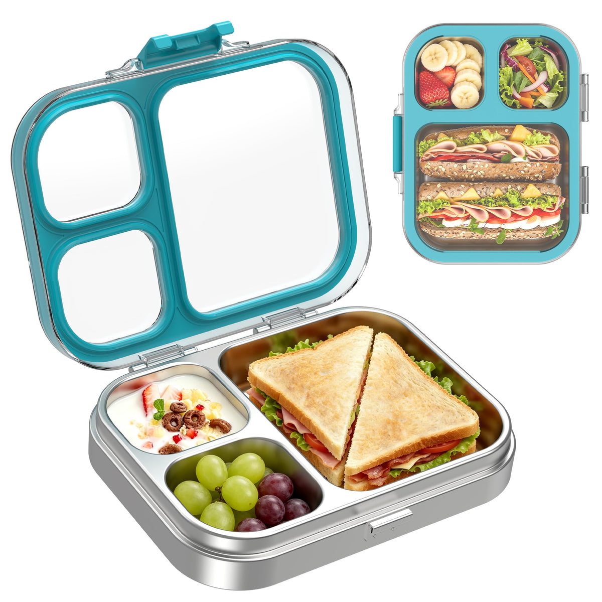 LOHASOK Stainless Steel Bento Lunch Box for Kids, 3-Compartment & Leakproof