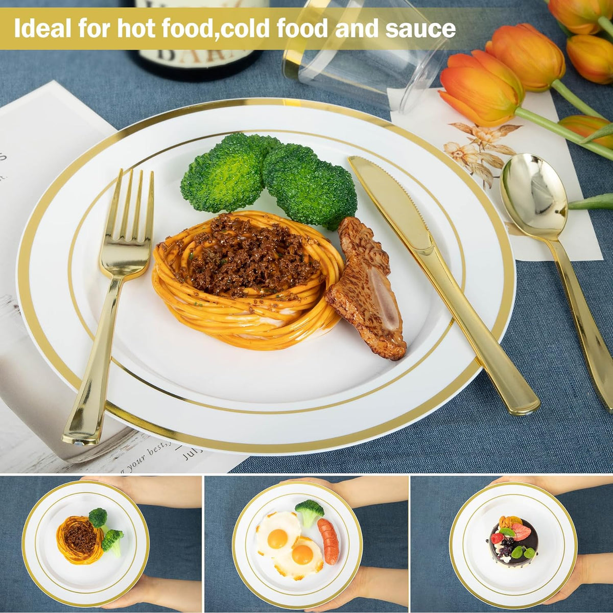 N9R 600PCS White and Gold Plastic Plates, Disposable Dinnerware Set