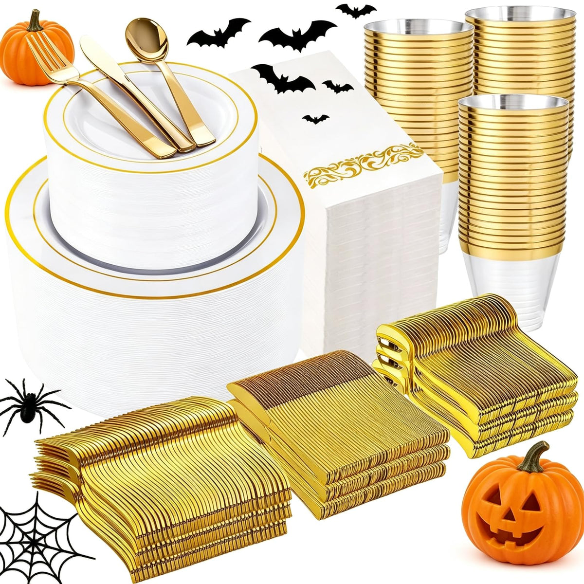 WELLIFE Disposable Plates & Gold Silverware Set, 350 Pieces for 50 Guests