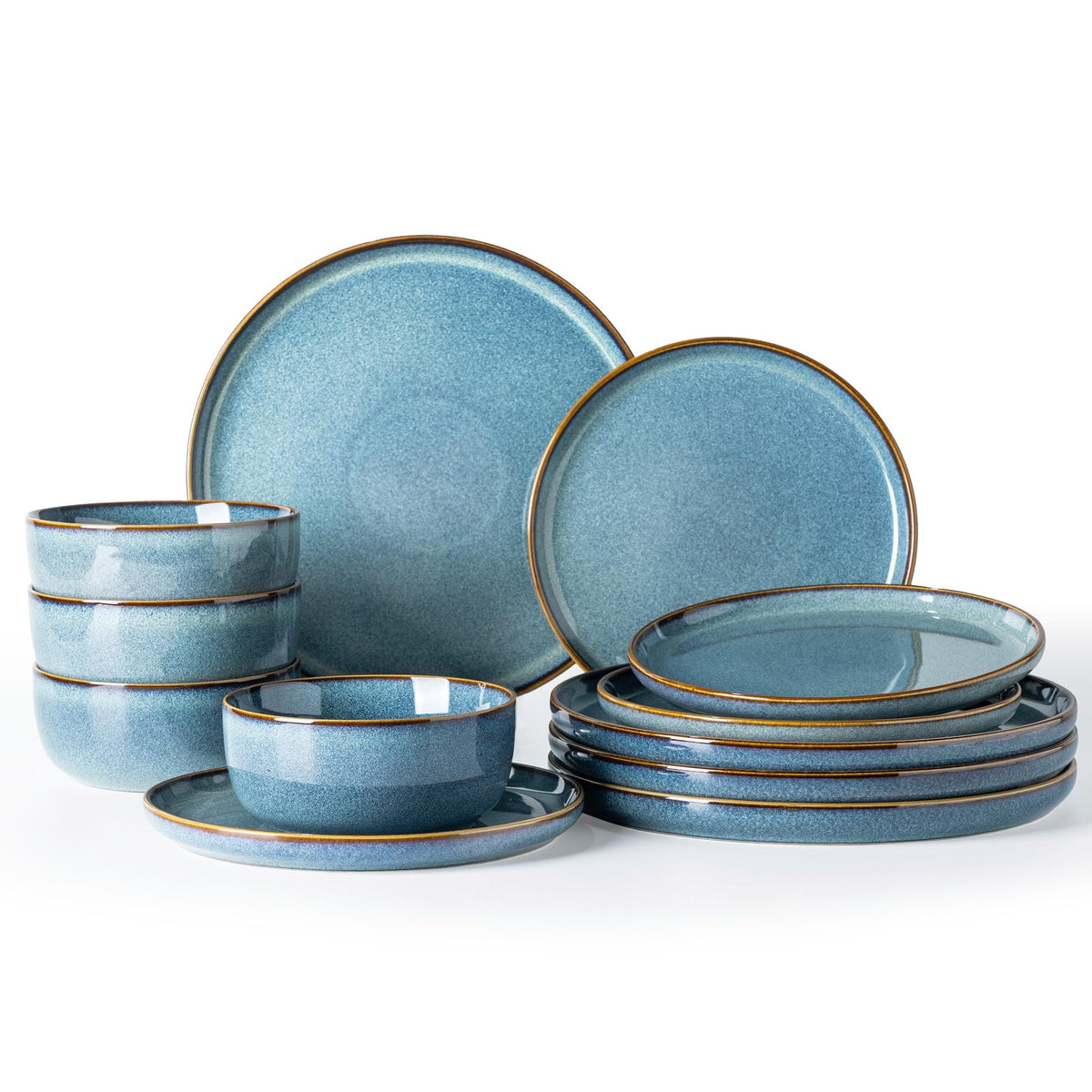 GBHOME Ceramic Dinnerware Sets for 8, 24 Pieces Stoneware Plates and Bowls Sets, Scratch Resistant Dishes, Dishwasher & Microwave Safe, Reactive Glaze-Green Wheat
