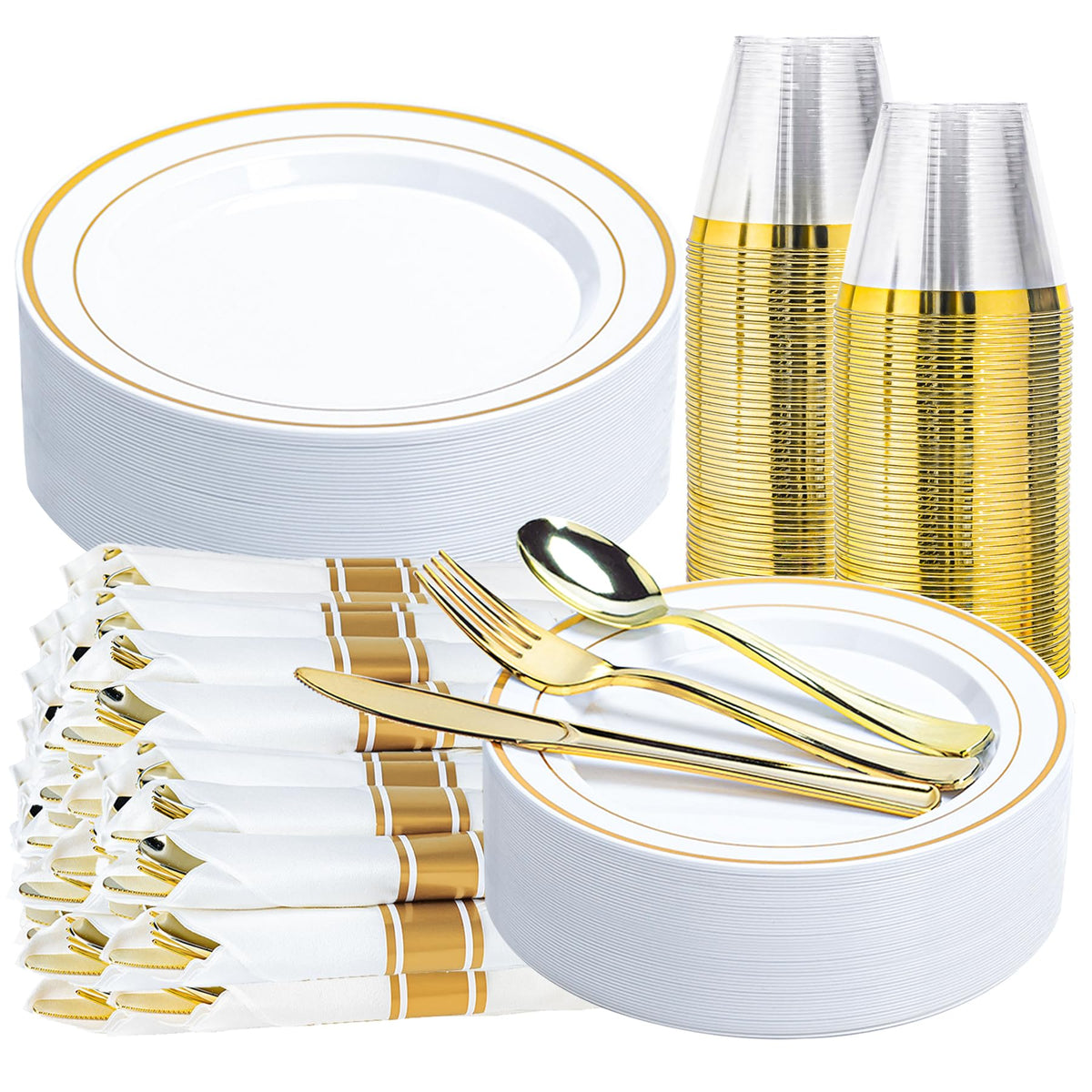 350 PCS White and Gold Plastic Dinnerware Set for 50 Guests