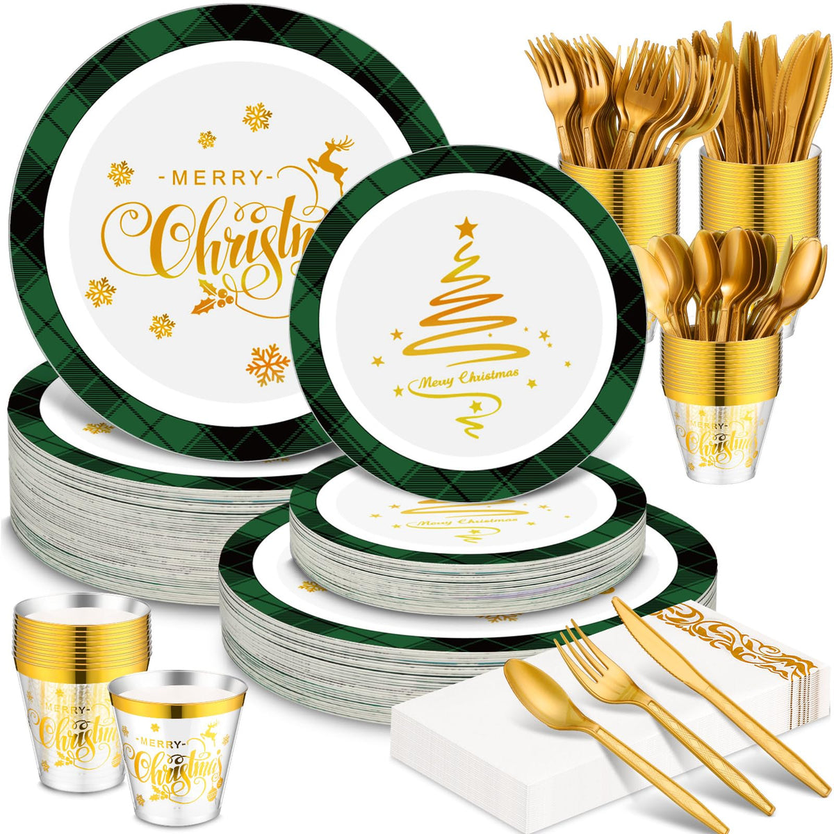 Layhit 175 Pcs Christmas Plastic Plates Dinnerware Set, Green Red