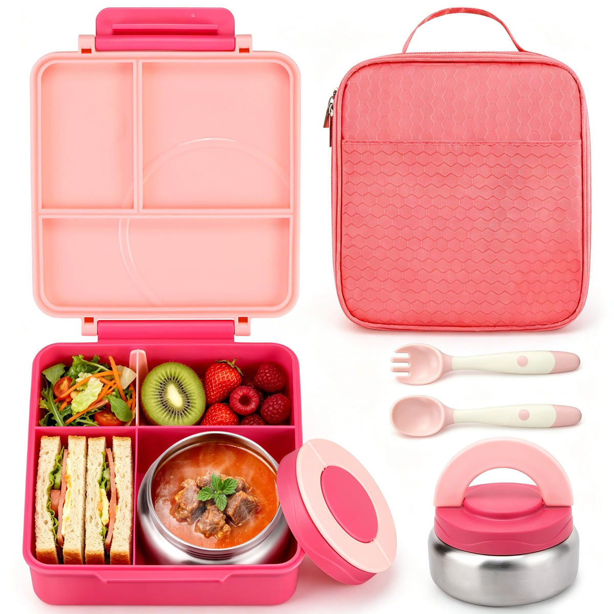 Itslife Bento Lunch Box for Kids with 8oz Soup Thermo&Lunch Bag, Leak-Proof Lunch Food Containers with 4 Compartment, Hot Food Insulated Food Jar for Kids School (Black)