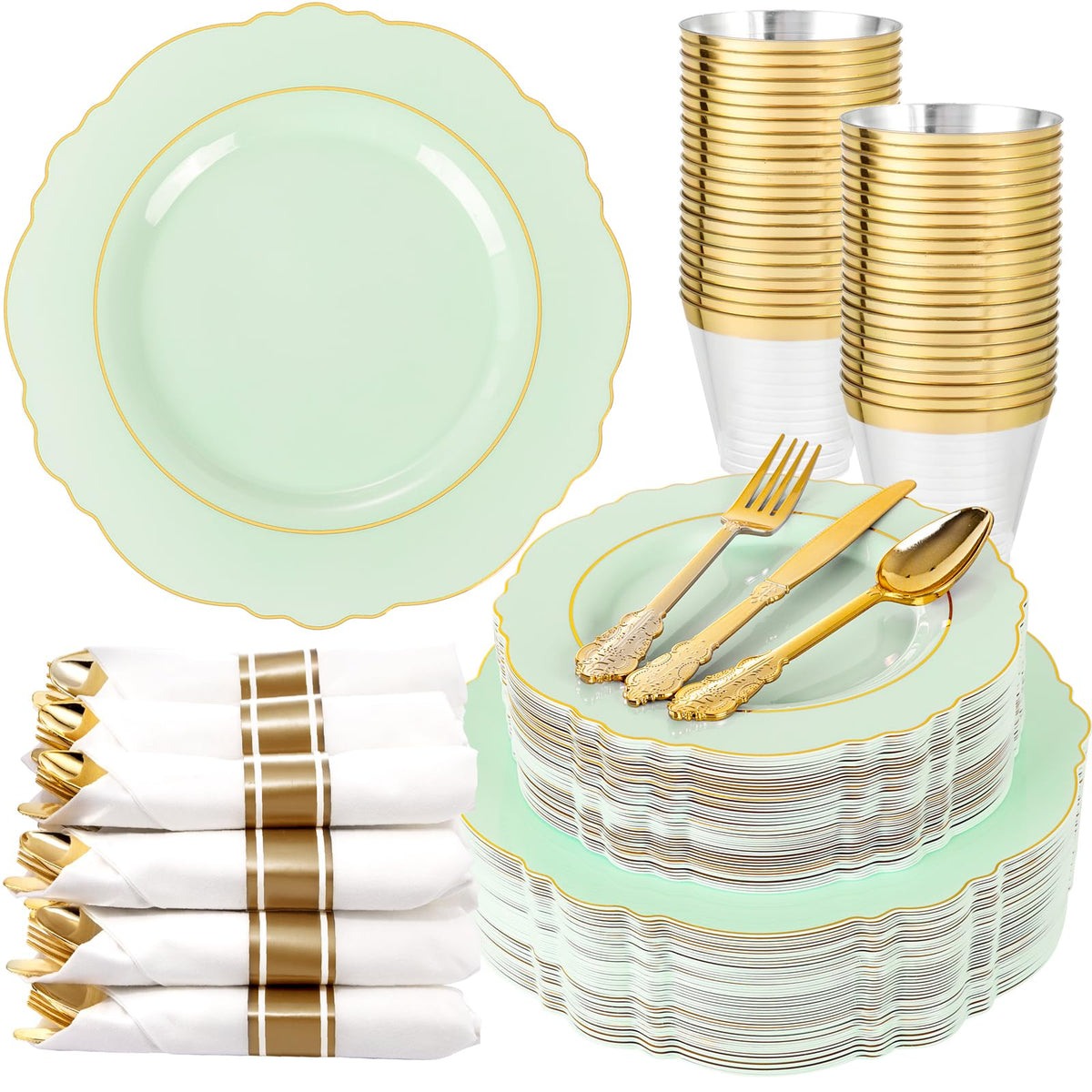 Liacere 350PCS Gold Plastic Plates-Disposable White and Gold Plates Baroque Plastic Dinnerware include 100Plates, 50Pack Pre Rolled Napkins with Silverware 50Cups for Wedding&Thanksgiving&Fall Party