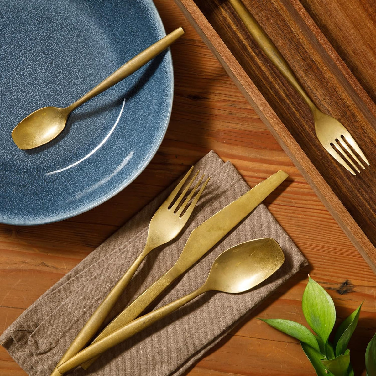 Bloomhouse - Two Time Oprah's Favorite Things Winner - 20 Piece Stone Washed Gold Flatware 18/10 Stainless Steel Silverware Cutlery Utensil Set With Acacia Wood Caddy - Service for 4