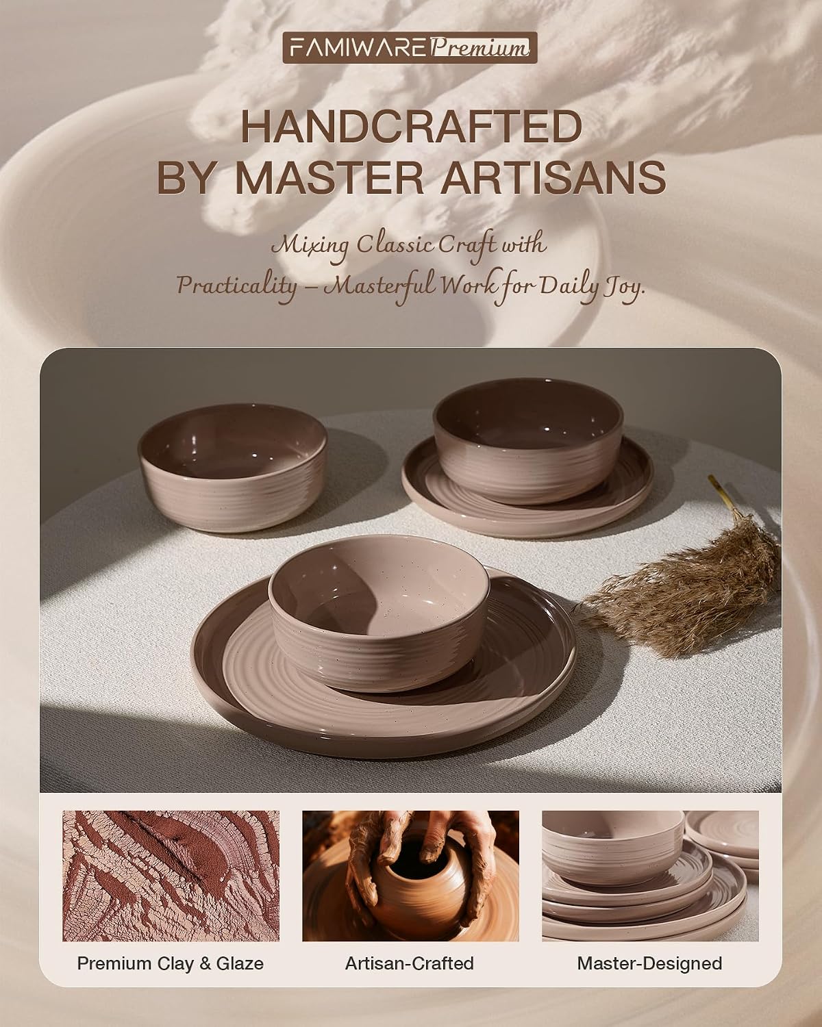 Stoneware Dinnerware Sets for 6, Plates and Bowls, Brown
