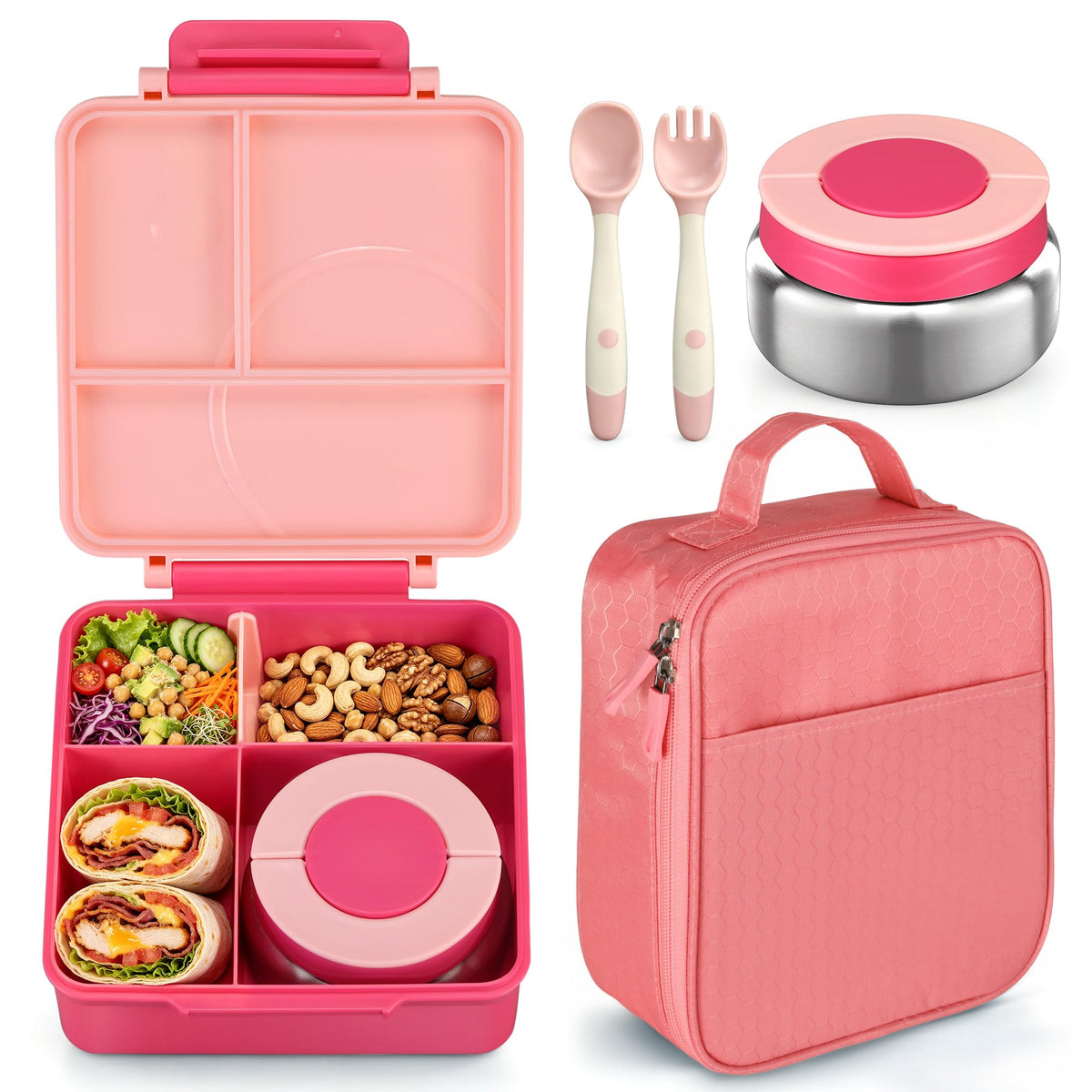 Bento Lunch Box Set for Kids with 8oz Soup Thermo, Leak-Proof Lunch Containers with 4 Compartment, Kids Thermo Hot Food Jar and Insulated Lunch Bag for Kid to School-Black
