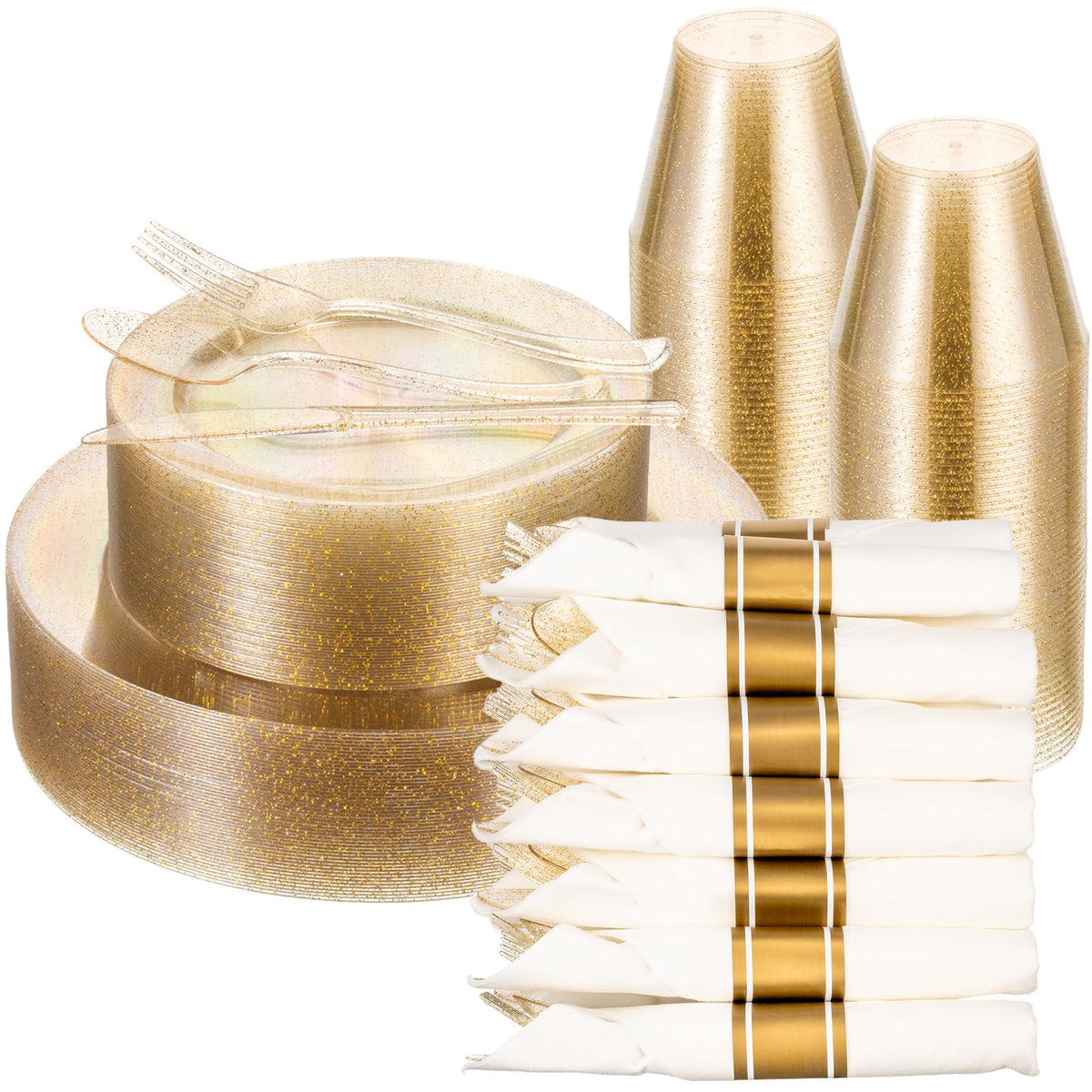 realluck 350 PCS White and Silver Plastic Dinnerware Set for 50 Guests, 100 Disposable Plates for Party, 50 Pre Rolled Napkins with Silver Silverware, 50 Cups