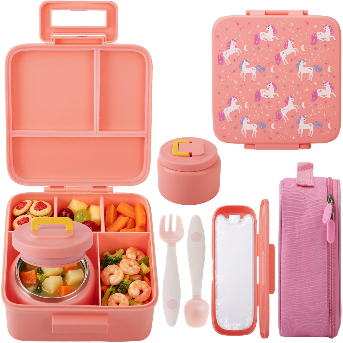 MAISON HUIS Bento Lunch Box with 8oz Soup Thermo and Insulated Lunch Bag, Kids Leakproof Lunch Food Containers with 5 Compartment, Boys Girls Thermo Hot Food Jar for Travel, School, BPA Free (Black)