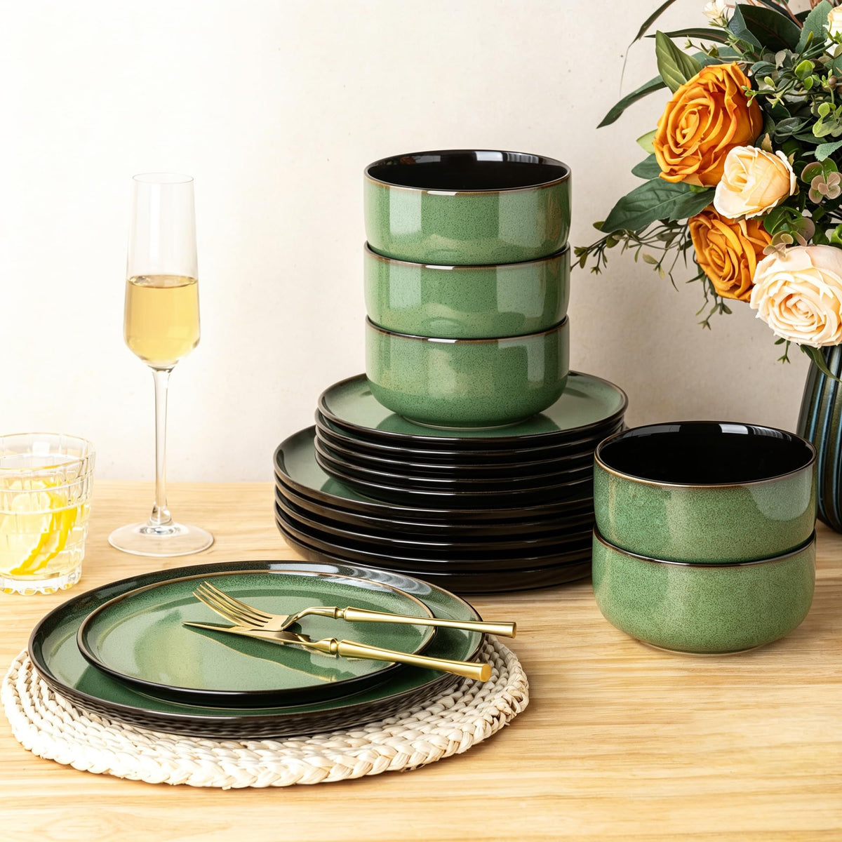 LeRatio Ceramic Dinnerware Sets for 4,12Pcs Porcelain Plates and Bowls Set