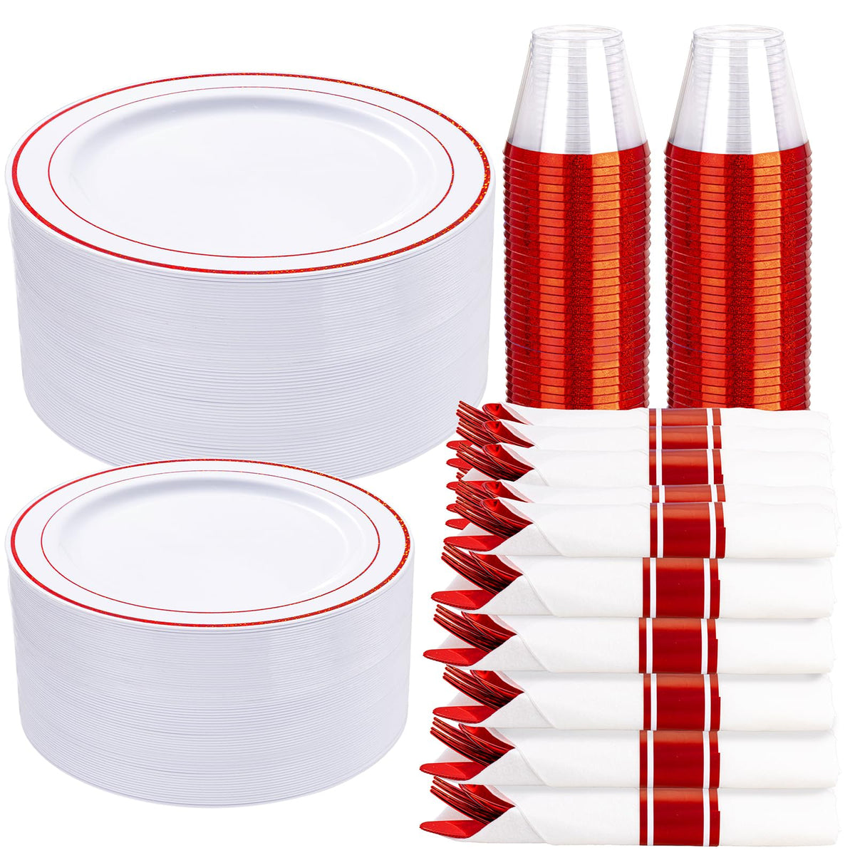 WELLIFE Disposable Plates & Gold Silverware Set, 350 Pieces for 50 Guests