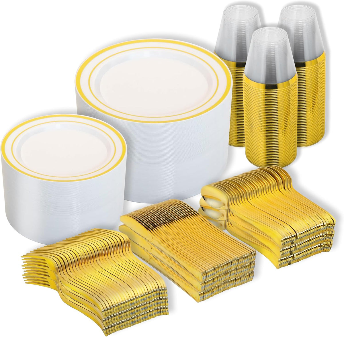 N9R 600PCS White and Gold Plastic Plates, Disposable Dinnerware Set