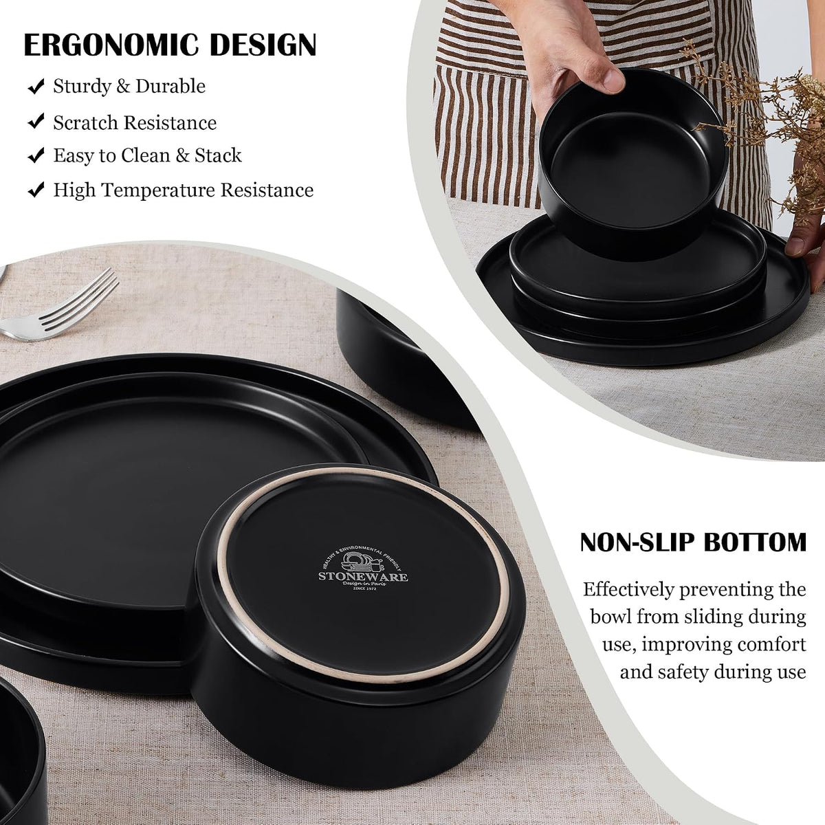 E-far Stoneware Dinnerware Sets, 12-Piece Black Plates and Bowls Set for 4