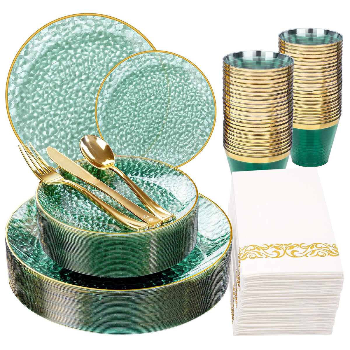 Rubtlamp 175 Pcs Plastic Dinnerware Set (25 Guests), Blue Disposable Plates With Gold Rim, Hammered Party Plates Set Include Dinner Platos, Dessert Platos, Cups, Cutlery And Napkins for Party