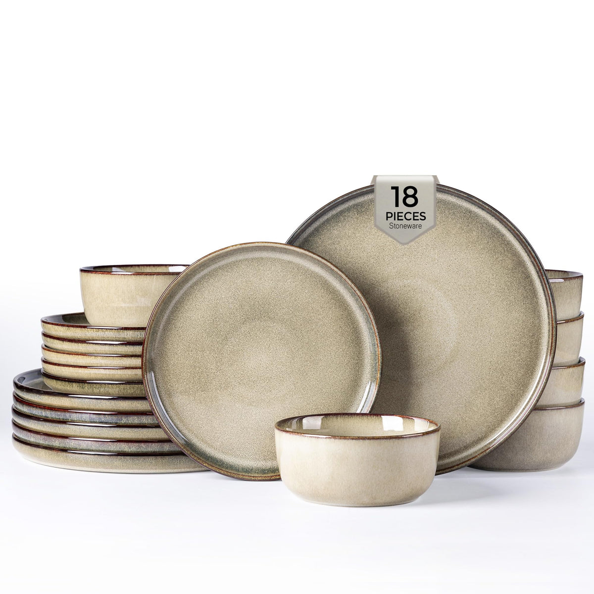 GBHOME Ceramic Dinnerware Sets for 8, 24 Pieces Stoneware Plates and Bowls Sets, Scratch Resistant Dishes, Dishwasher & Microwave Safe, Reactive Glaze-Green Wheat