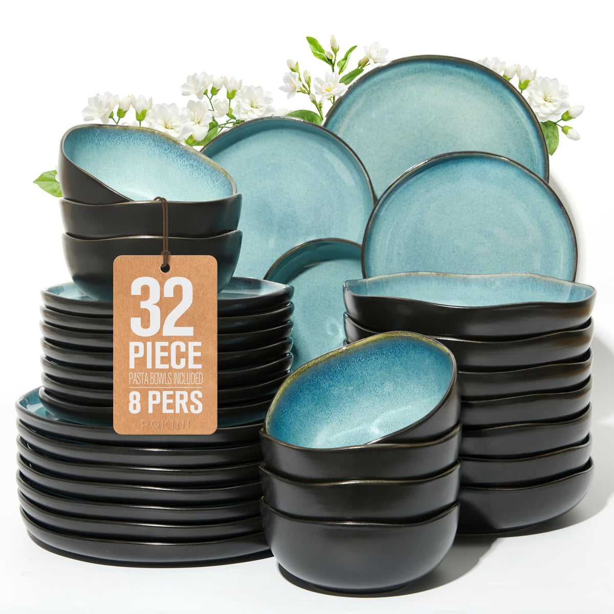 Pokini Stoneware Dinnerware Sets for 4, 12Pcs Ceramic Plates and Bowls Sets
