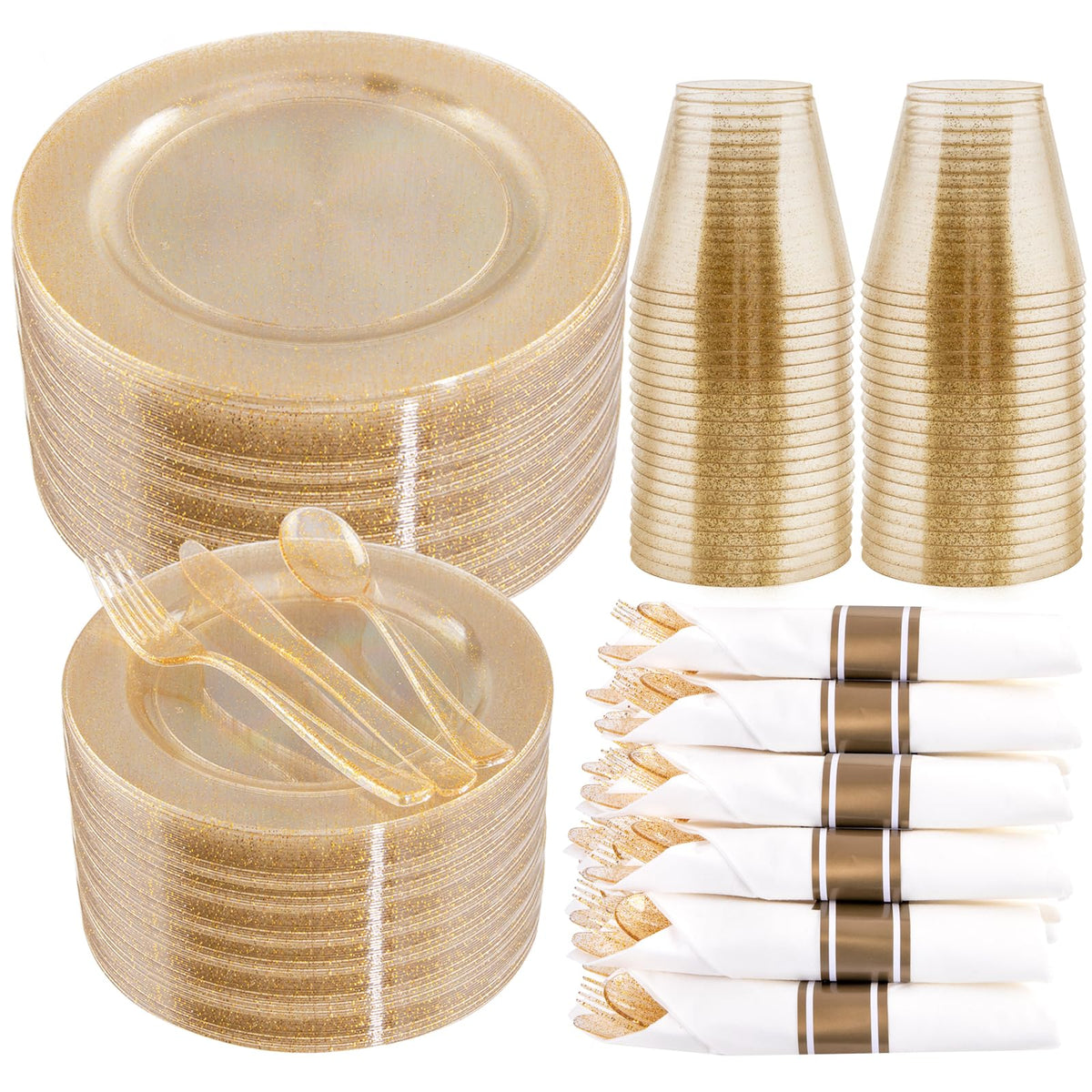 WELLIFE Disposable Plates & Gold Silverware Set, 350 Pieces for 50 Guests