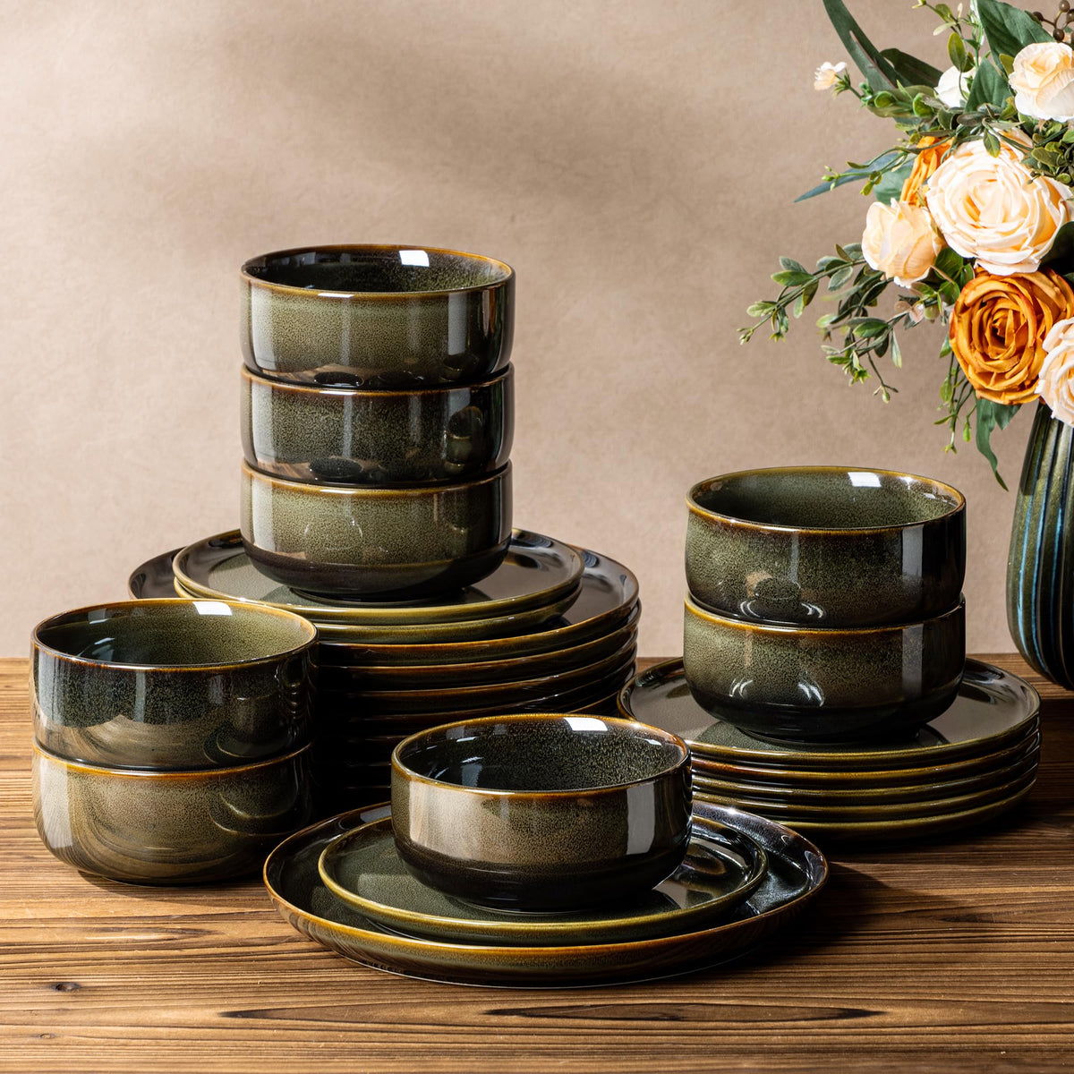 TheTerra Ceramic Dinnerware Set for 4, 12-Piece Plates and Bowls Set