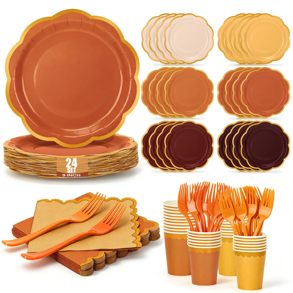 Orange Plates and Napkins Party Supplies for 48 Guests, Disposable 9’’ Gradient Scalloped Orange Fall Paper Plates Tableware Set for Fall Birthday, Harvest Party, Thanksgiving Decorations