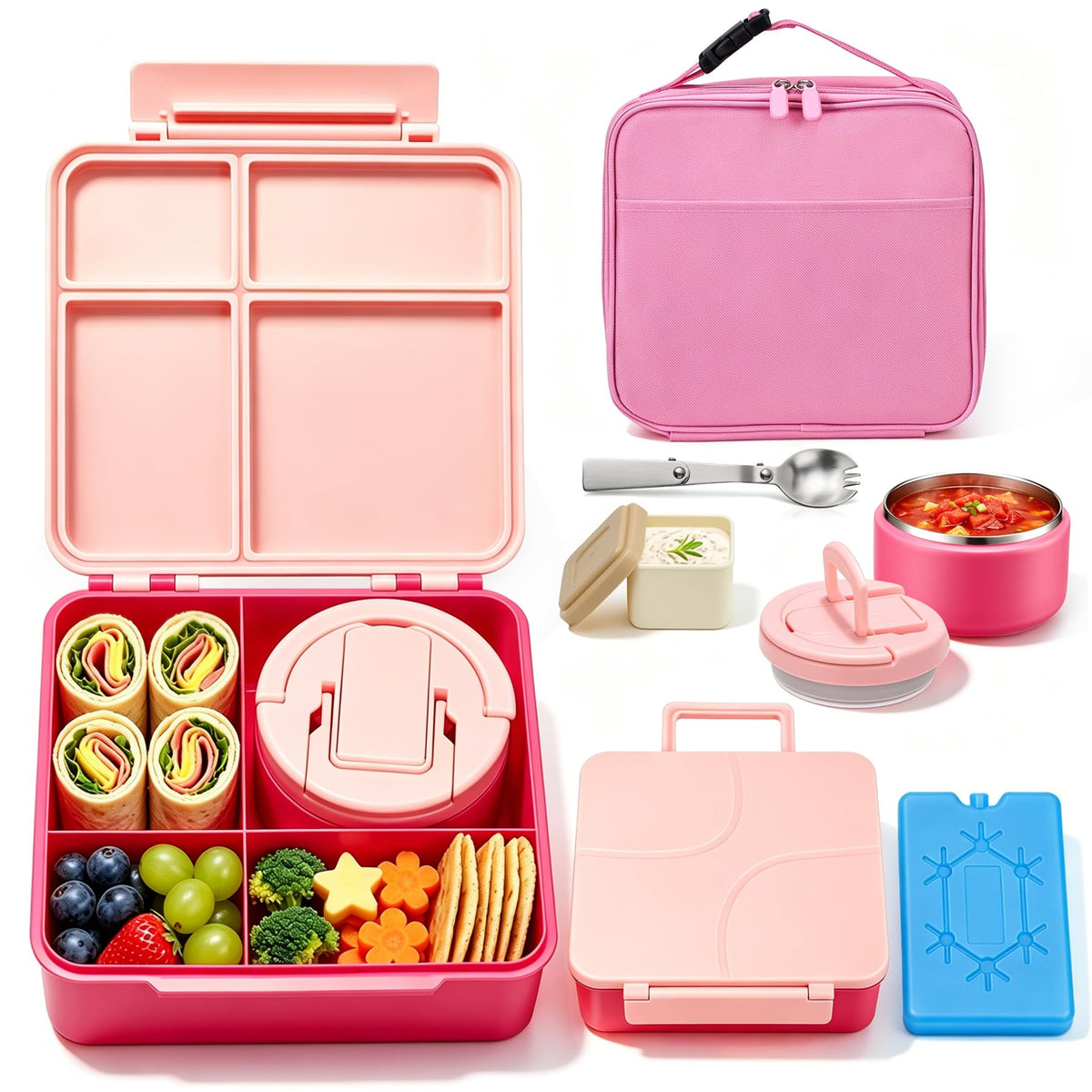 Bento Lunch Box with 8oz Soup Thermo,Kids Leakproof 4 Compartment Lunch Food Containers with Sauce Cup and Ice Pack,Kids Thermo Insulated Hot Food Jar and Lunch Bag for School,Trvael-Black