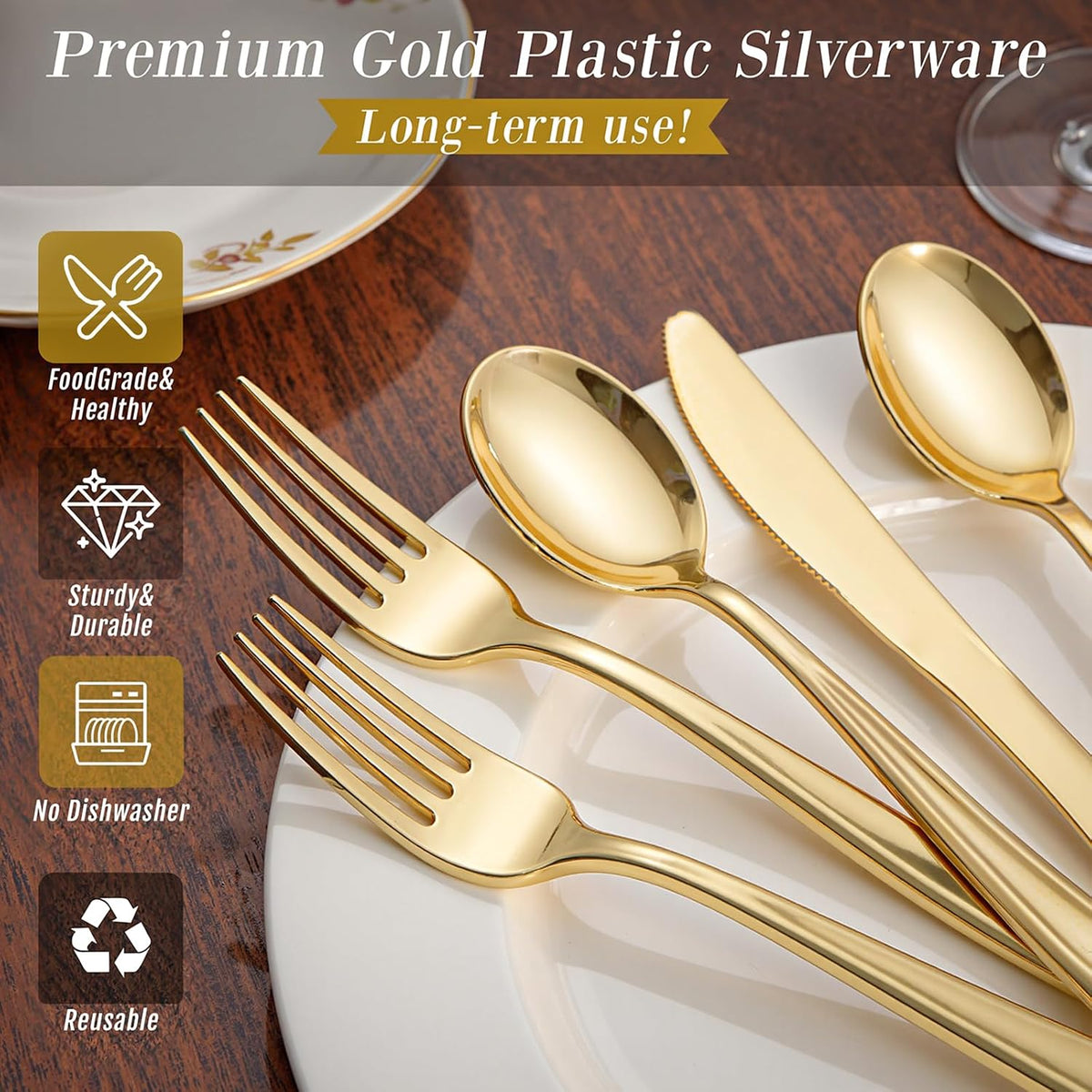 WDF300 Pieces Gold Plastic Silverware - Heavy Duty Disposable Cutlery Set Plastic Gold Silverware Set Includes 100 Forks, 100 Spoons, 100 Knives for Party/Baby Shower/Wedding/Birthday/Thanksgiving