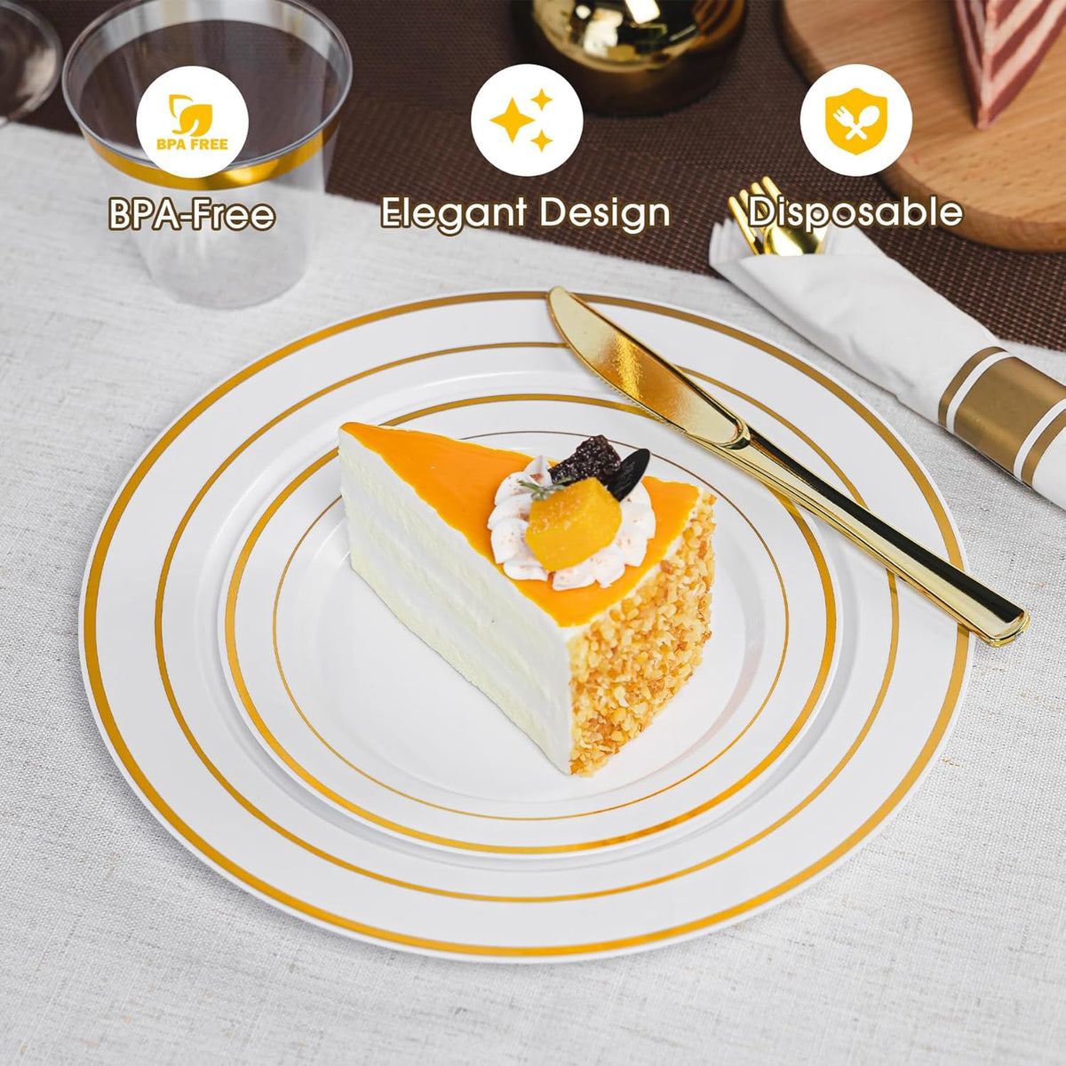 350PCS Gold Disposable Plastic Dinnerware Set for 50 Guests