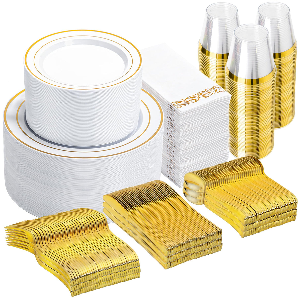 N9R 600PCS White and Gold Plastic Plates, Disposable Dinnerware Set