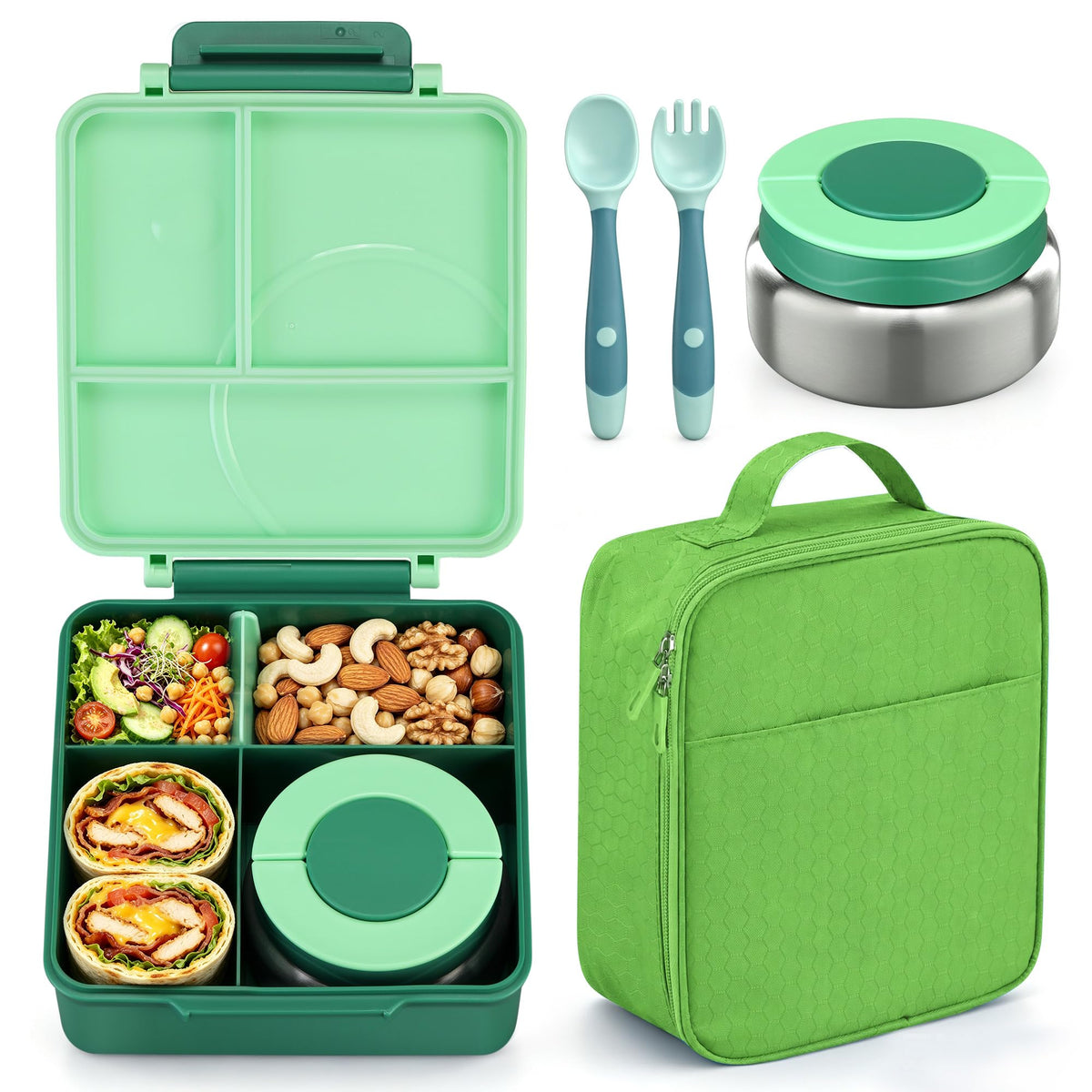 Bento Lunch Box Set for Kids with 8oz Soup Thermo, Leak-Proof Lunch Containers with 4 Compartment, Kids Thermo Hot Food Jar and Insulated Lunch Bag for Kid to School-Black