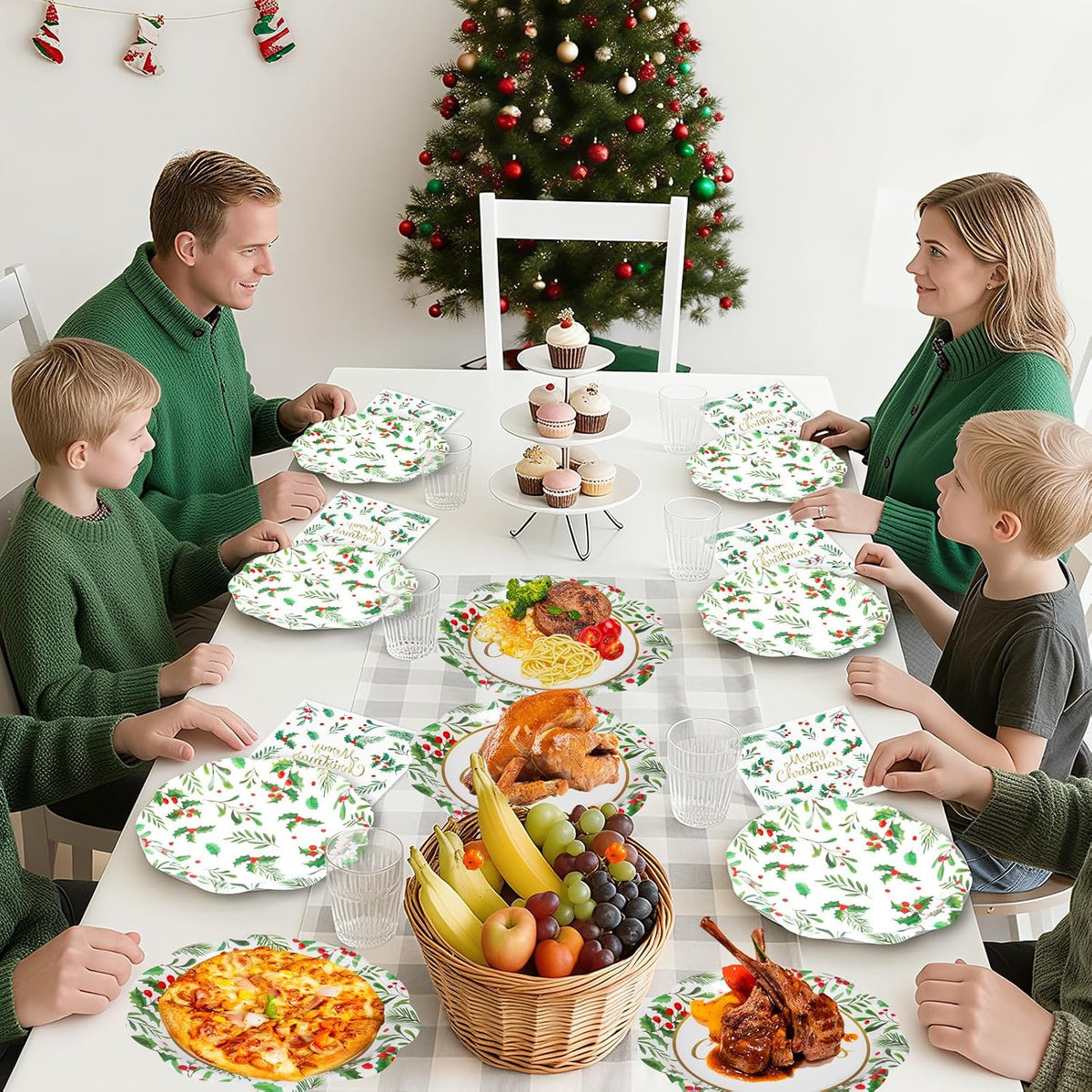 150 Pcs Merry Christmas Plates and Napkins - Disposable Christmas Paper Plates and Napkins, Holly Leaves Red Berries Tableware Sets for Winter Xmas Party Table Decorations Supplies Favors, Serve 50