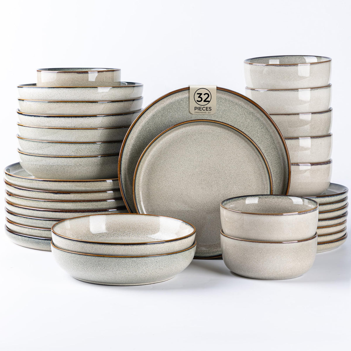 GBHOME Ceramic Dinnerware Sets for 8, 24 Pieces Stoneware Plates and Bowls Sets, Scratch Resistant Dishes, Dishwasher & Microwave Safe, Reactive Glaze-Green Wheat