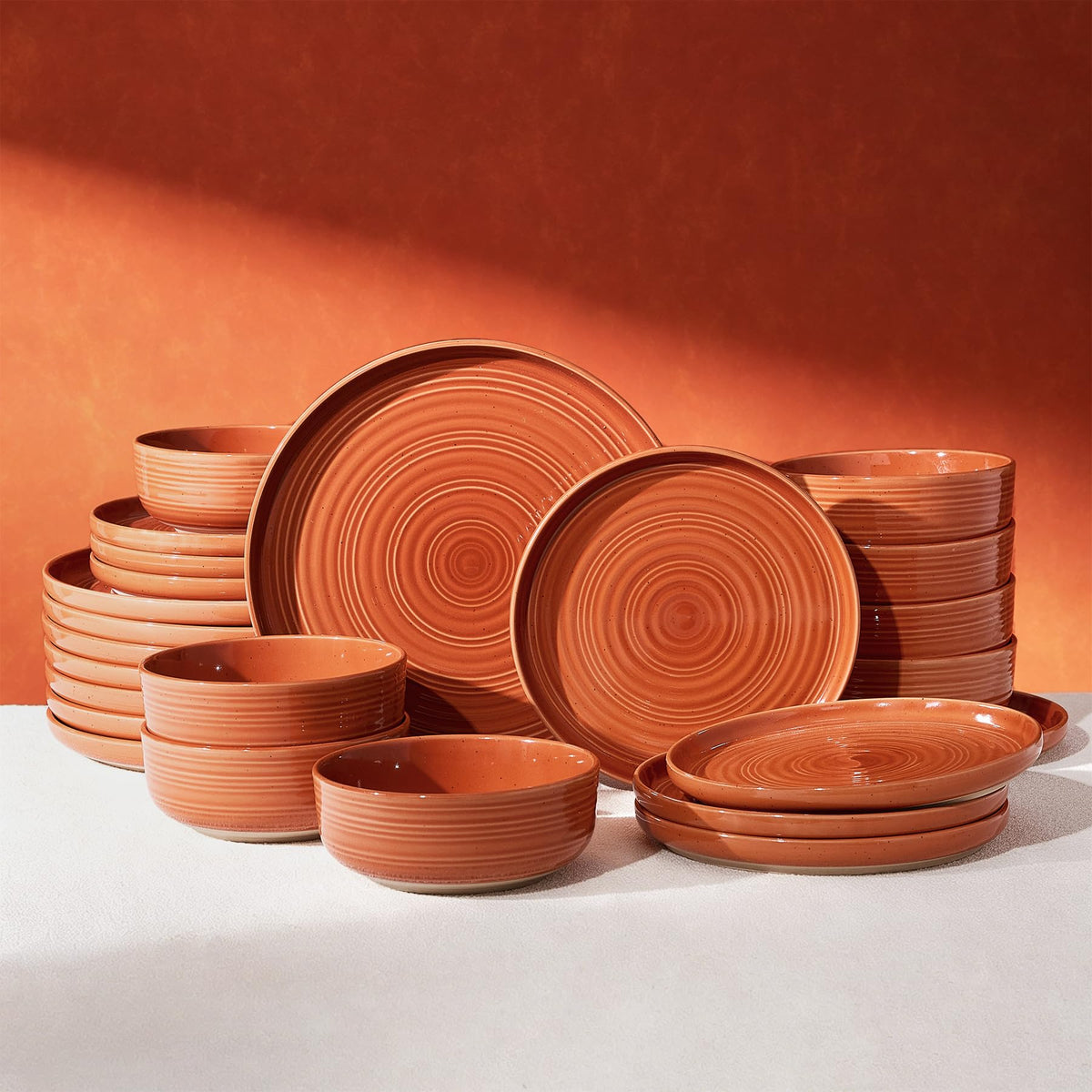 Stoneware Dinnerware Sets for 6, Plates and Bowls, Brown