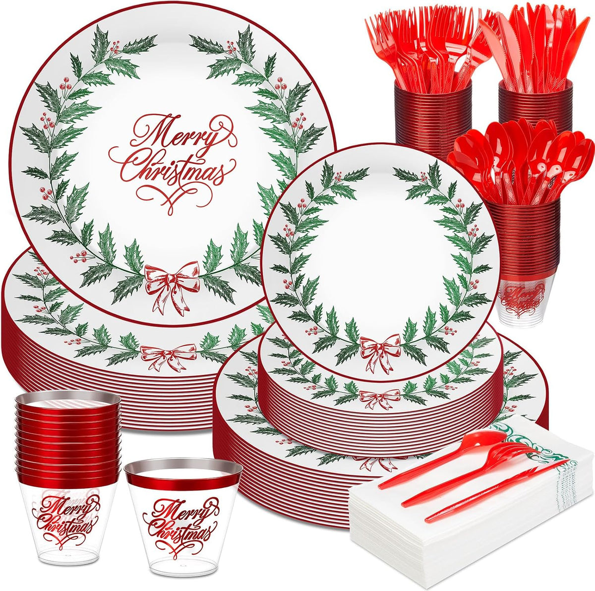 Layhit 175 Pcs Christmas Plastic Plates Dinnerware Set, Green Red