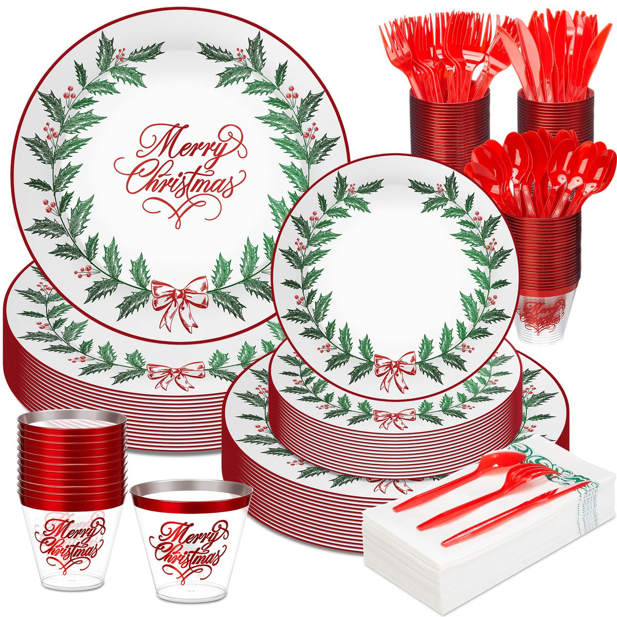 Layhit 175 Pcs Christmas Plastic Plates Dinnerware Set, Green Red