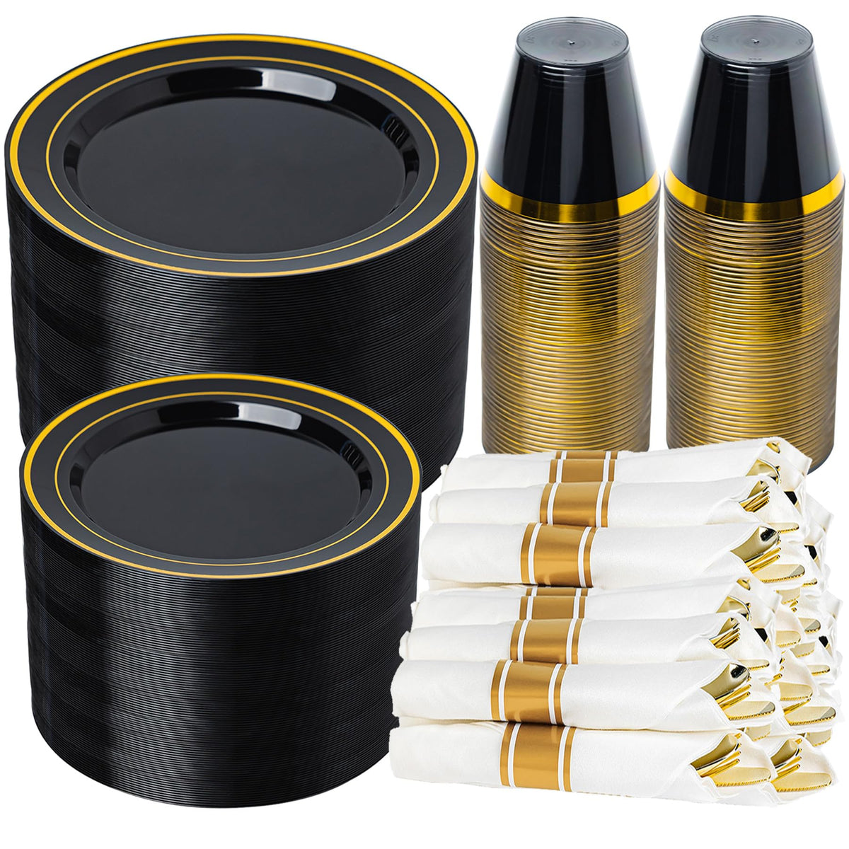N9R 350PCS White and Gold Plastic Plates, Disposable Dinnerware Set