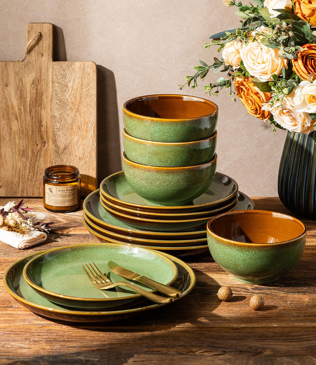 LeRatio Ceramic Dinnerware Sets for 8,24Pcs Porcelain Plates and Bowls Set