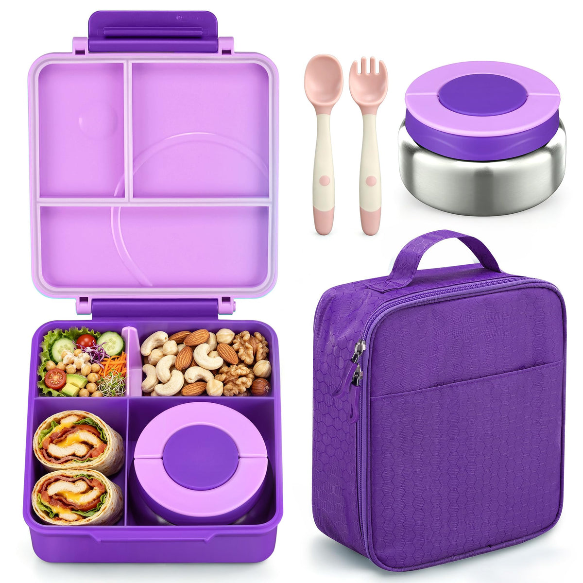 Bento Lunch Box Set for Kids with 8oz Soup Thermo, Leak-Proof Lunch Containers with 4 Compartment, Kids Thermo Hot Food Jar and Insulated Lunch Bag for Kid to School-Black