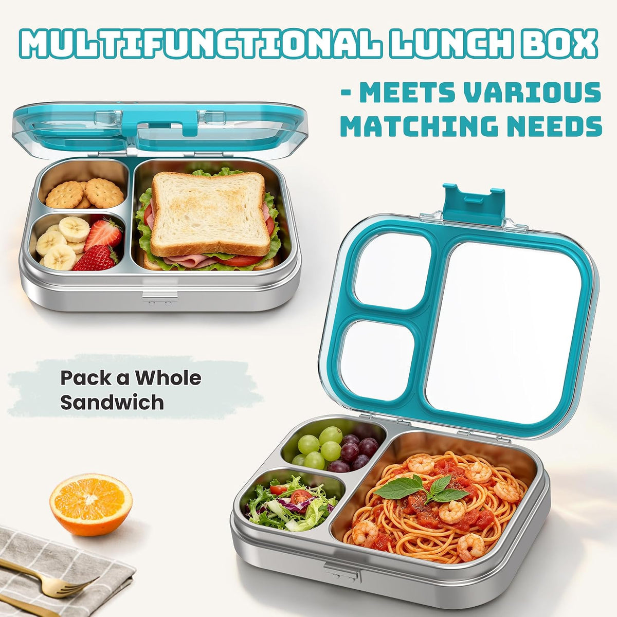 LOHASOK Stainless Steel Bento Lunch Box for Kids, 3-Compartment & Leakproof