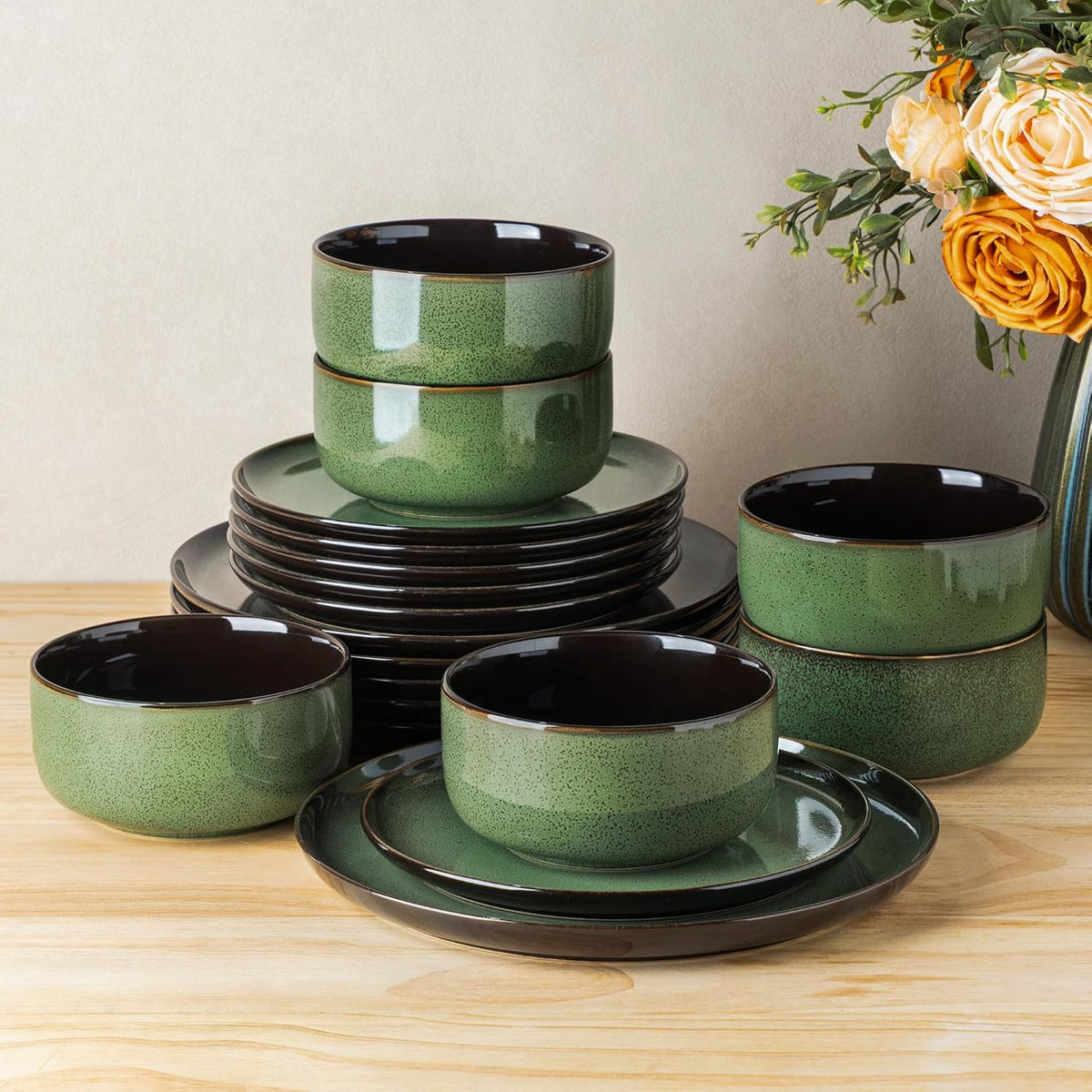 LeRatio Ceramic Dinnerware Sets for 4,12Pcs Porcelain Plates and Bowls Set