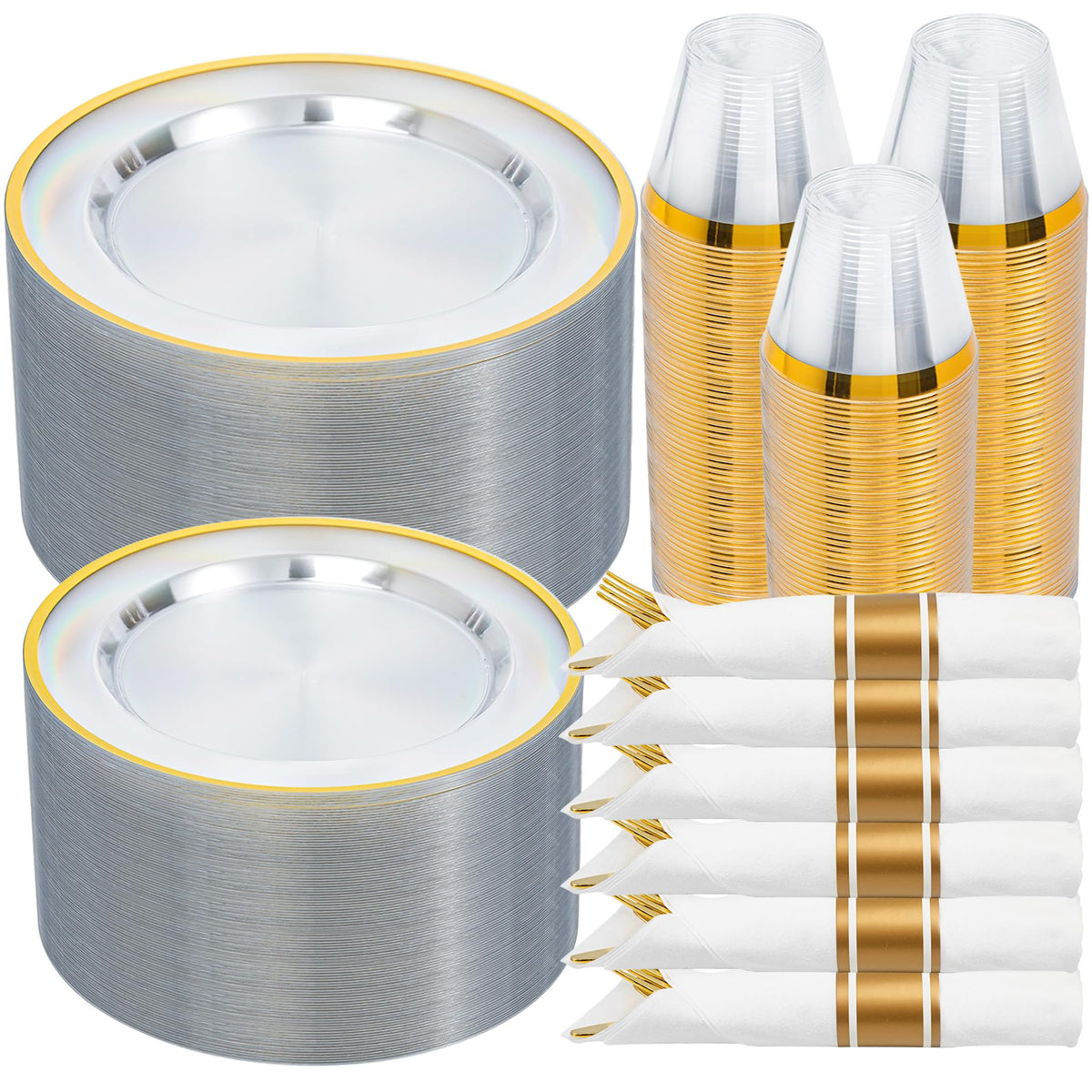 350PCS Gold Disposable Plastic Dinnerware Set for 50 Guests