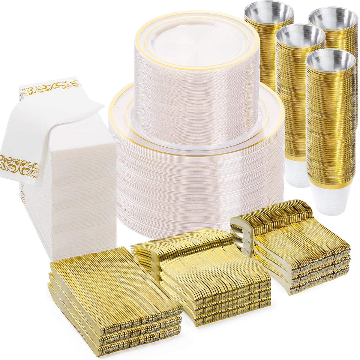 BESTVIP 700 PCS Disposable White and Gold Plastic Plates for 100 Guests