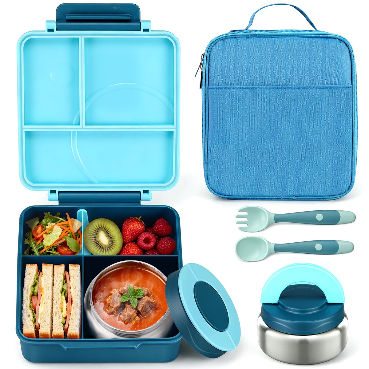 Itslife Bento Lunch Box for Kids with 8oz Soup Thermo&Lunch Bag, Leak-Proof Lunch Food Containers with 4 Compartment, Hot Food Insulated Food Jar for Kids School (Black)